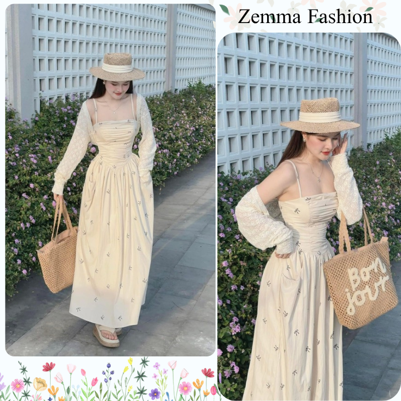 Đầm maxi hai dây kem phối tay ren dài họa tiết nơ nhỏ, váy nữ vintage đi biển nhẹ nhàng HCOM25494
