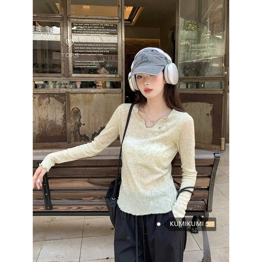 Áo thun dài tay thu đông chất vải len dệt cổ V Miha Studio