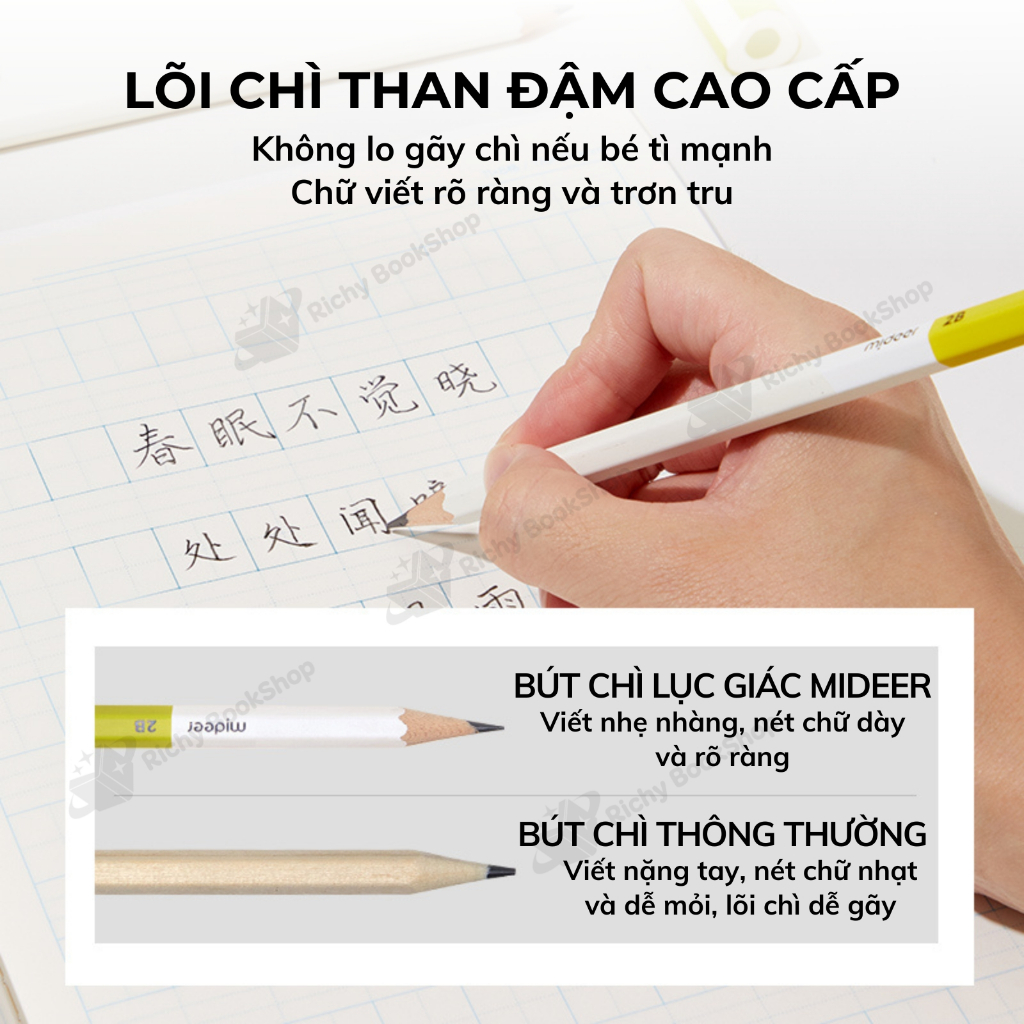 Bộ 6 Chiếc Bút Chì Cao Cấp Mideer 2B 4B 6B - Mideer Thick Triangular Pencils, Tặng kèm Gọt Bút Chì