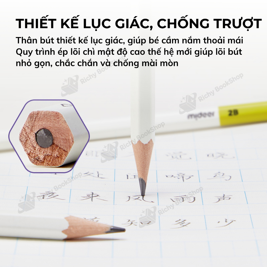 Bộ 6 Chiếc Bút Chì Cao Cấp Mideer 2B 4B 6B - Mideer Thick Triangular Pencils, Tặng kèm Gọt Bút Chì