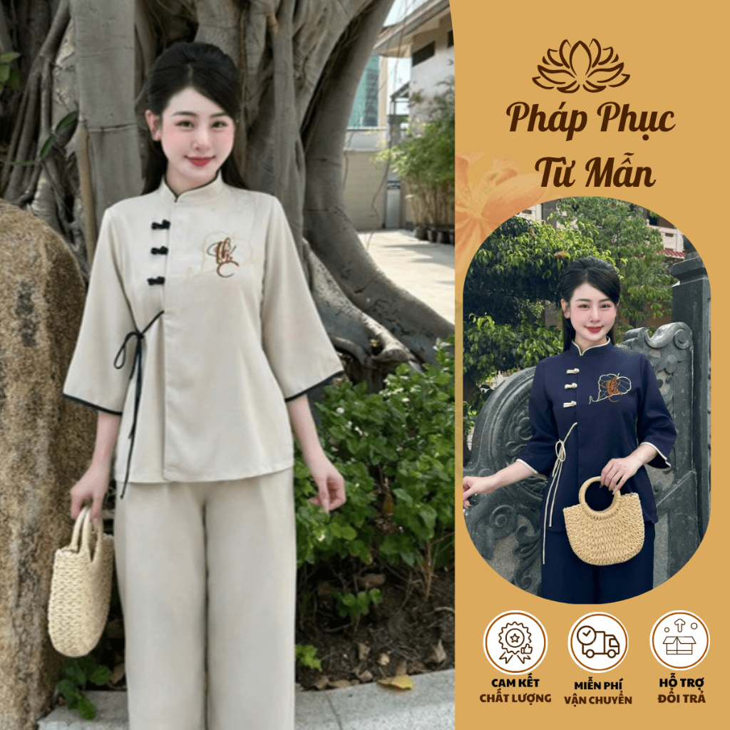 Pháp phục đi chùa thêu Phúc vải đũi thái dày dặn Đồ lam đi lễ cổ tàu khuy tết thắt nơ Bộ đồ đi chùa nữ đũi mềm mịn
