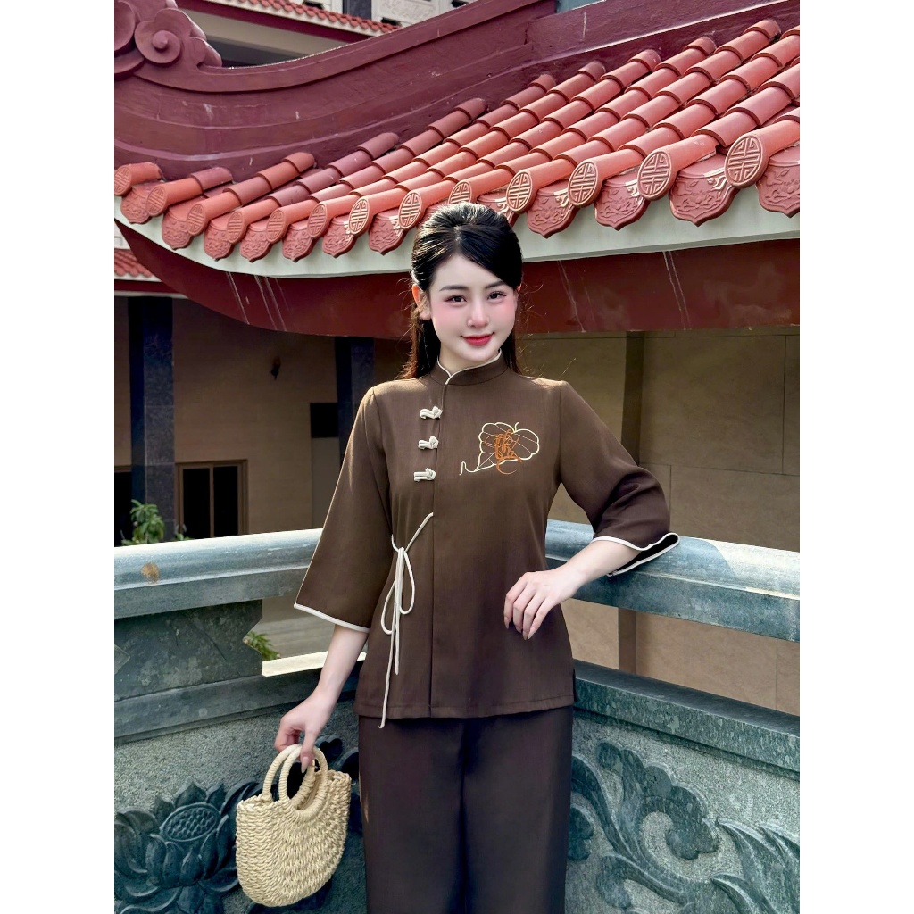 Pháp phục đi chùa thêu Phúc vải đũi thái dày dặn Đồ lam đi lễ cổ tàu khuy tết thắt nơ Bộ đồ đi chùa nữ đũi mềm mịn
