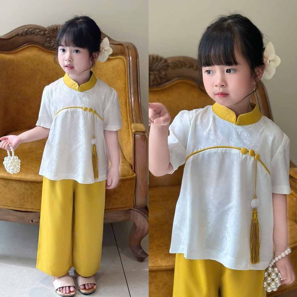 Set mẹ và bé đi chùa cổ tàu gấm vân thọ đính charm Bộ đi chùa cho mẹ bé gái cộc tay gấm mềm mát dễ thương