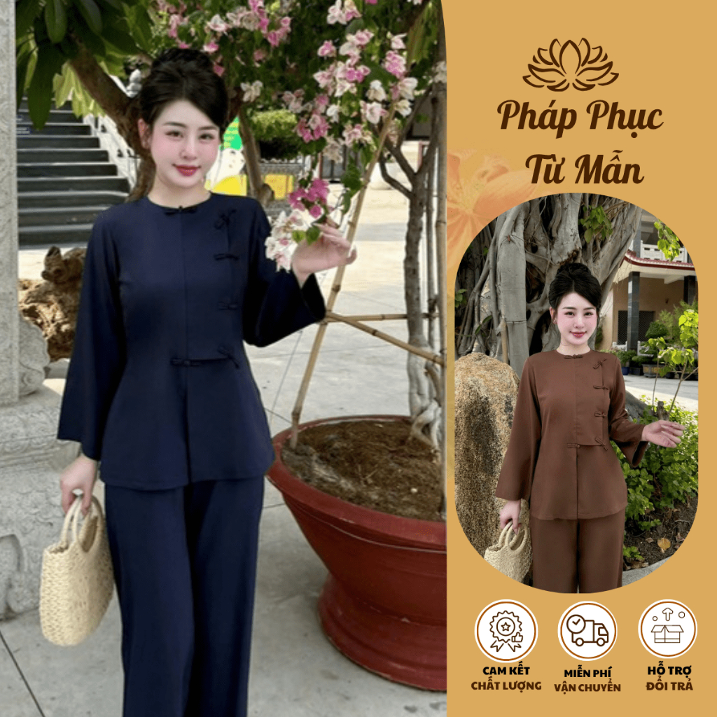 Pháp phục đi chùa vạt hò dài tay lụa nhuyễn Bộ đồ lam đi lễ truyền thống cổ tròn vải mềm mặc tu tập
