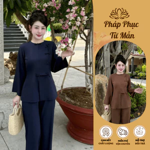 Pháp phục đi chùa vạt hò dài tay lụa nhuyễn Bộ đồ lam đi lễ truyền thống cổ tròn vải mềm mặc tu tập