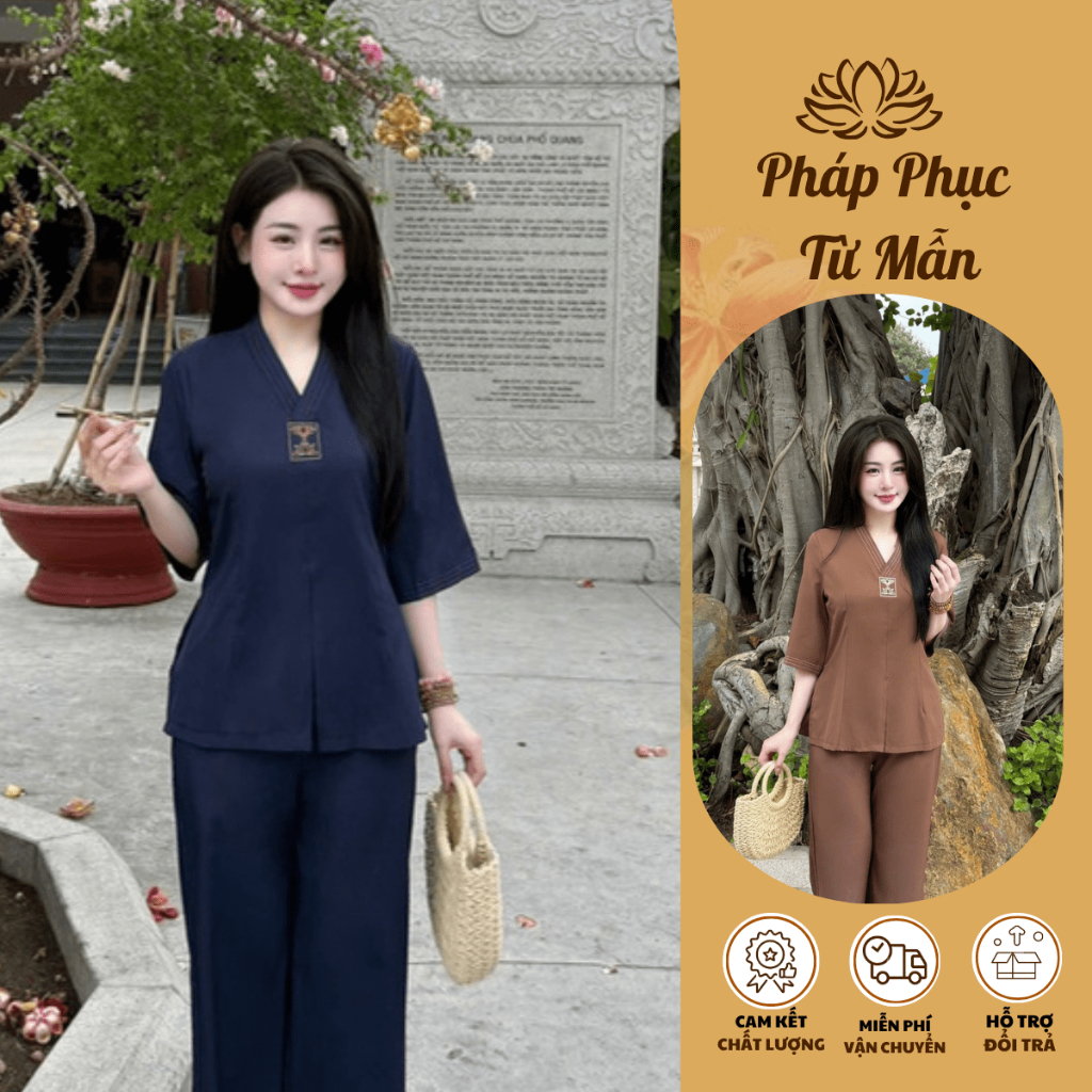 Đồ lam đi chùa la hán cổ V chỉ viền cổ lụa nhuyễn mềm mát Pháp phục đi chùa truyền thống tay lỡ vải mềm mặc tu tập