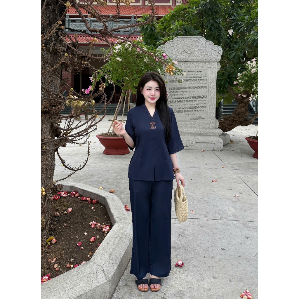 Đồ lam đi chùa la hán cổ V chỉ viền cổ lụa nhuyễn mềm mát Pháp phục đi chùa truyền thống tay lỡ vải mềm mặc tu tập