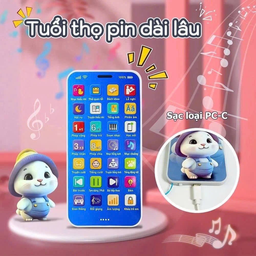 Điện thoại đồ chơi thông minh cho bé bản Tiếng Việt tặng dây đeo, cáp sạc,