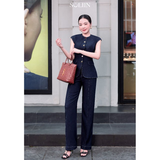 Set Áo Bò Peplum Khuy Kim Loại Phối Quần Suông SOLIIN Denim Xanh Đen Công Sở Thanh Lịch HARPER SET