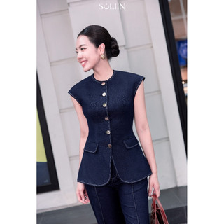 Set Áo Bò Peplum Khuy Kim Loại Phối Quần Suông SOLIIN Denim Xanh Đen Công Sở Thanh Lịch HARPER SET