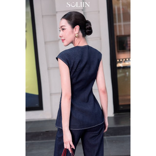 Set Áo Bò Peplum Khuy Kim Loại Phối Quần Suông SOLIIN Denim Xanh Đen Công Sở Thanh Lịch HARPER SET