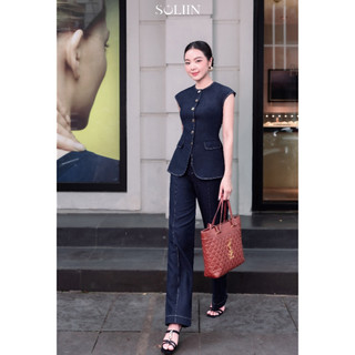 Set Áo Bò Peplum Khuy Kim Loại Phối Quần Suông SOLIIN Denim Xanh Đen Công Sở Thanh Lịch HARPER SET