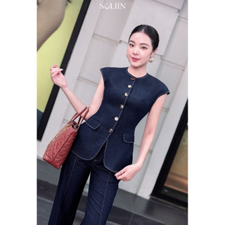 Set Áo Bò Peplum Khuy Kim Loại Phối Quần Suông SOLIIN Denim Xanh Đen Công Sở Thanh Lịch HARPER SET