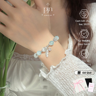 Vòng Tay Nữ Bạc 925 Đá Xanh Biển Aquamarine – Phối Charm Lá May Mắn – Trang Sức Phong Thuỷ Cao Cấp