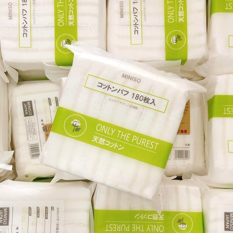 Bông tẩy trang MINISO Nhật Bản 180 miếng, chuẩn cotton nguyên chất, siêu dai và mềm mại, sạch sâu