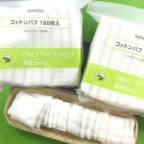 Bông tẩy trang MINISO Nhật Bản 180 miếng, chuẩn cotton nguyên chất, siêu dai và mềm mại, sạch sâu