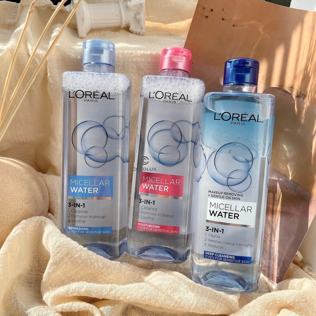 Nước tẩy trang LorealParis 3-in-1 Micellar Water 400ml đủ màu dành cho mọi loại da chính hãng