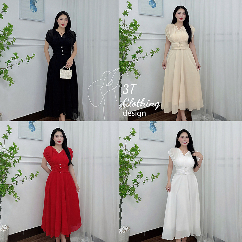 Đầm váy nữ thời trang đi tiệc vải voan tơ 2 lớp cao cấp phối eo chun co giãn tặng kèm ghim cài đá sang trọng mã B35
