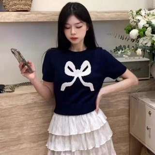 LT - Áo len nơ cổ tròn mongtoghi cộc tay, fom ngắn ôm vừa xinh xắn free size 1191
