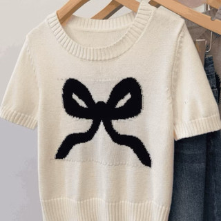 LT - Áo len nơ cổ tròn mongtoghi cộc tay, fom ngắn ôm vừa xinh xắn free size 1191