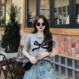 LT - Áo len nơ cổ tròn mongtoghi cộc tay, fom ngắn ôm vừa xinh xắn free size 1191