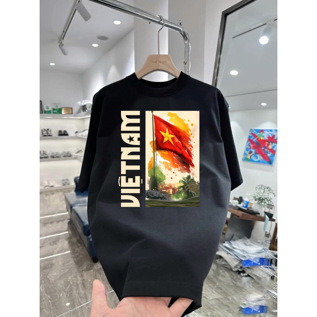 Áo thun in hình cờ đỏ sao vàng Việt Nam nghệ thuật Form Rộng Cotton Việt Mềm Mịn Thoáng Mát