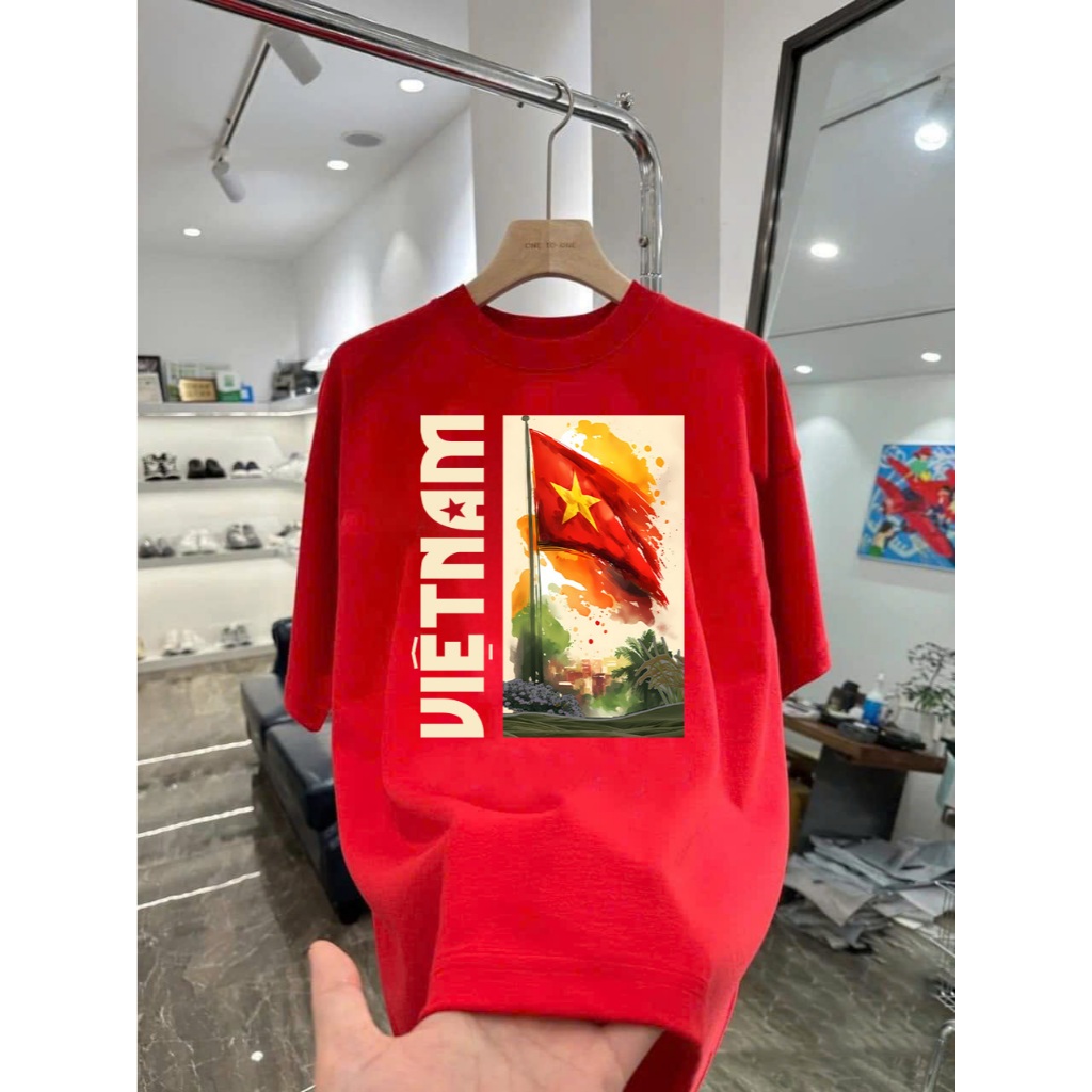 Áo thun in hình cờ đỏ sao vàng Việt Nam nghệ thuật Form Rộng Cotton Việt Mềm Mịn Thoáng Mát