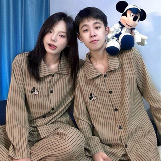 BỘ NGỦ ĐÔI DÀI TAY NÂU THÊU MICKEY
