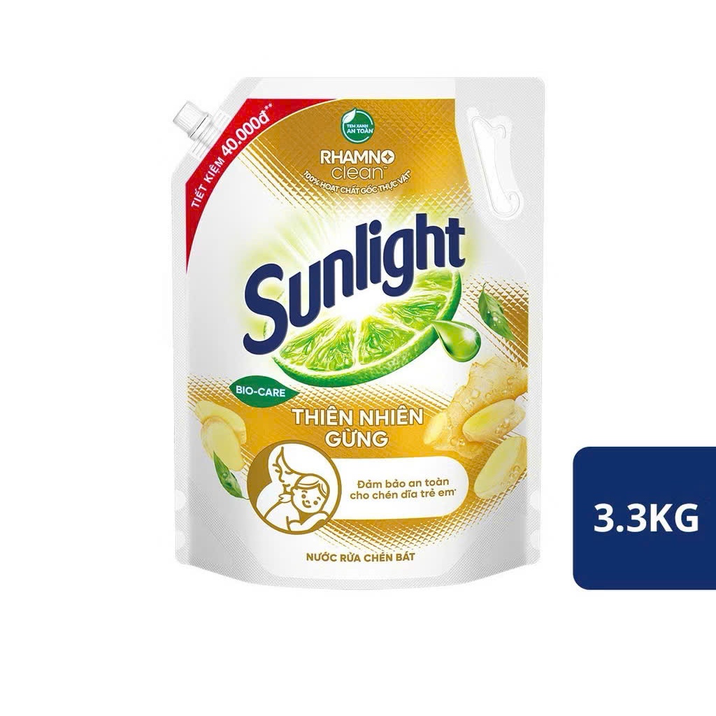 Nước rửa chén Sunlight Bio-care Thiên Nhiên 100% Gốc thực vật Lô Hội/Gừng/Trà Xanh Túi 3,3kg