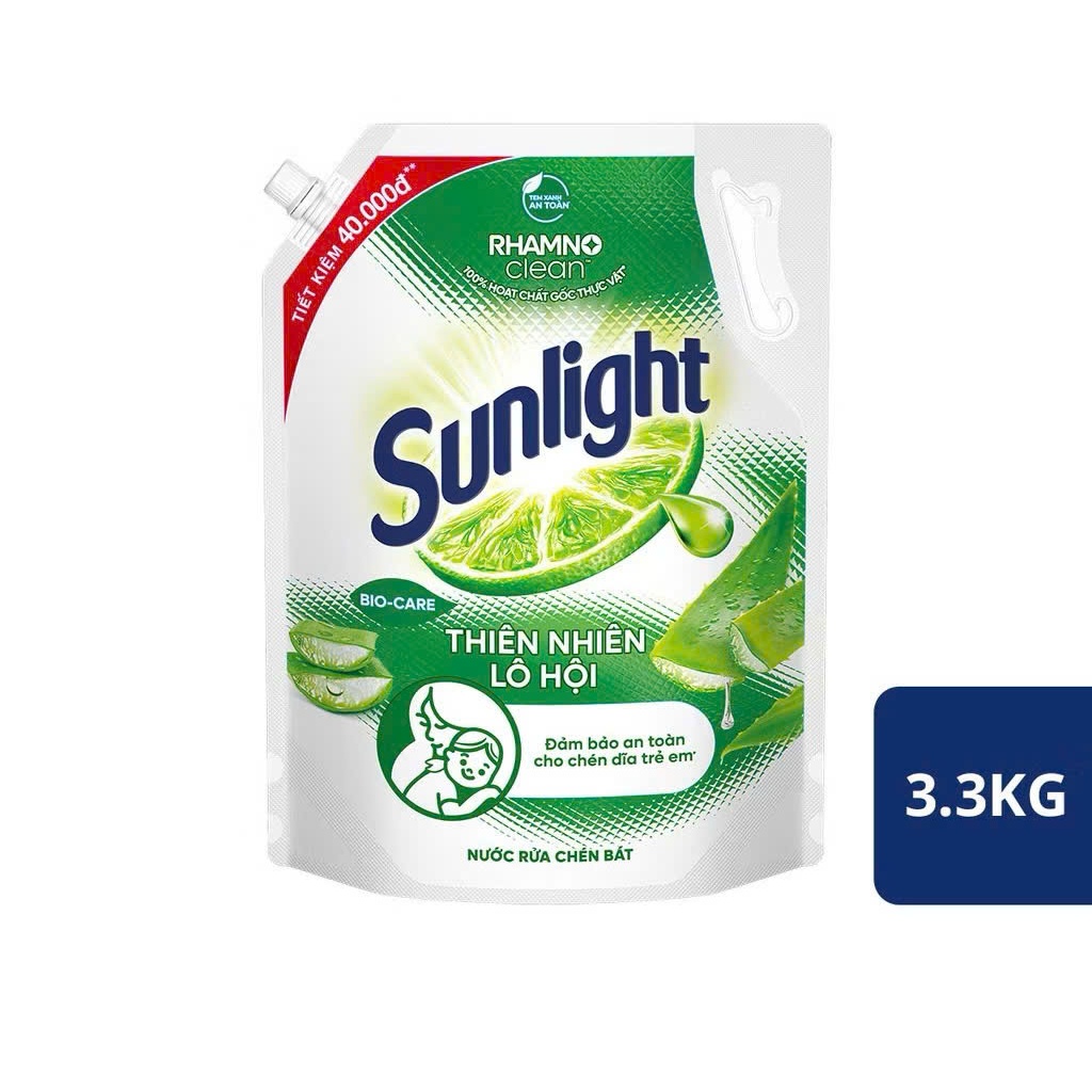 Nước rửa chén Sunlight Bio-care Thiên Nhiên 100% Gốc thực vật Lô Hội/Gừng/Trà Xanh Túi 3,3kg