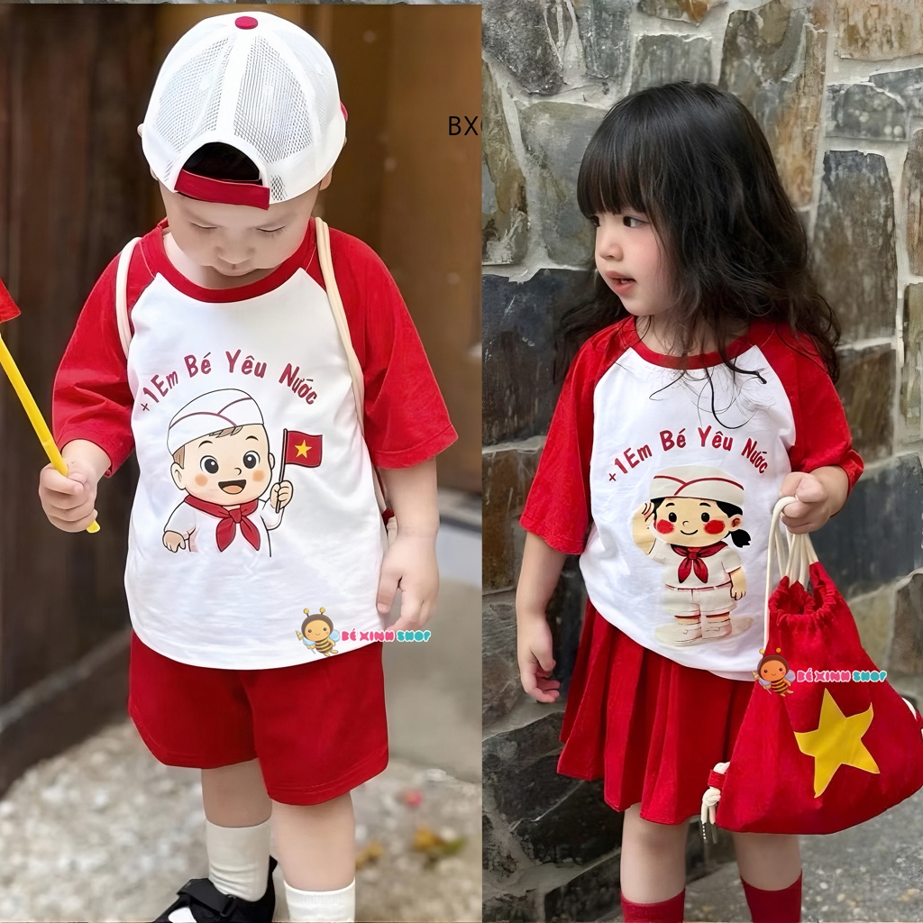 [BexinhshopVN] Bộ đồng phục bé trai & bé gái chơi lễ in Em bé yêu nước BXG1804 ( KHÔNG KÈM BALO )