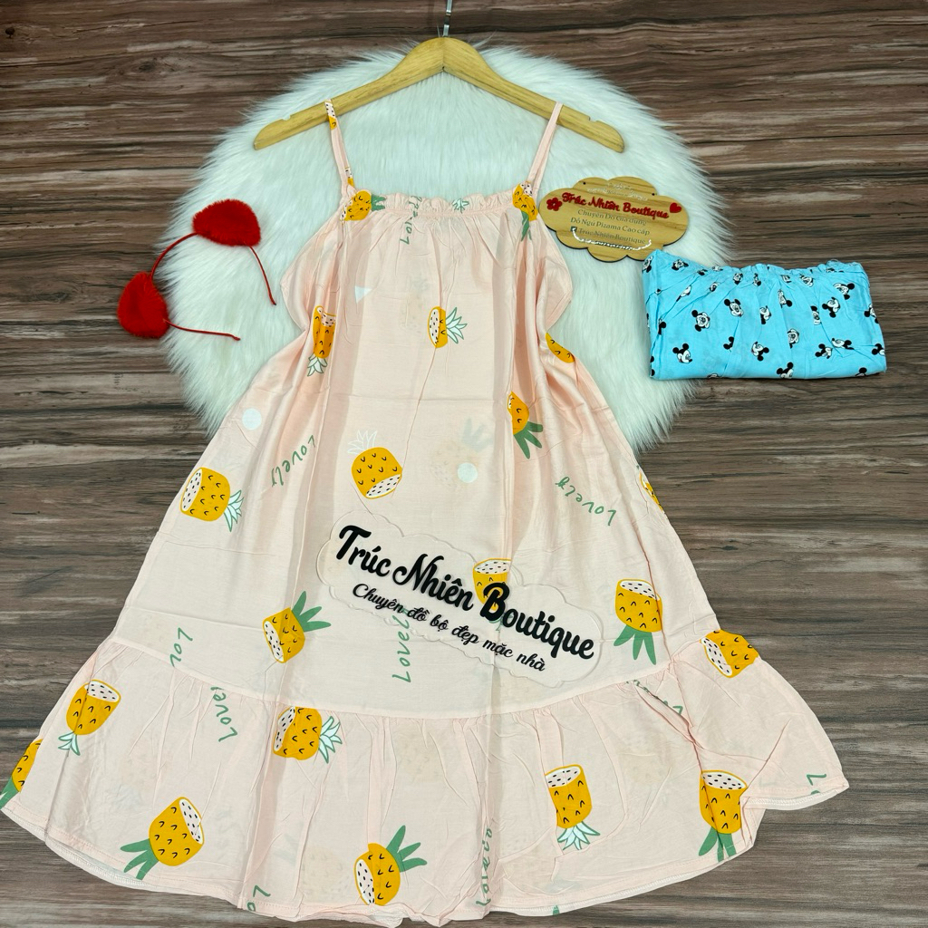 Đầm váy ngủ 2 dây vải tole lanh mặc nhà mặc ngủ dễ thương phom dưới 58kg - D11
