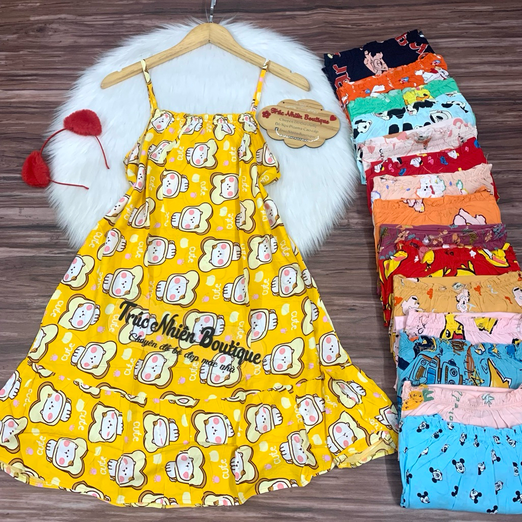 Đầm váy ngủ 2 dây vải tole lanh mặc nhà mặc ngủ dễ thương phom dưới 58kg - D11