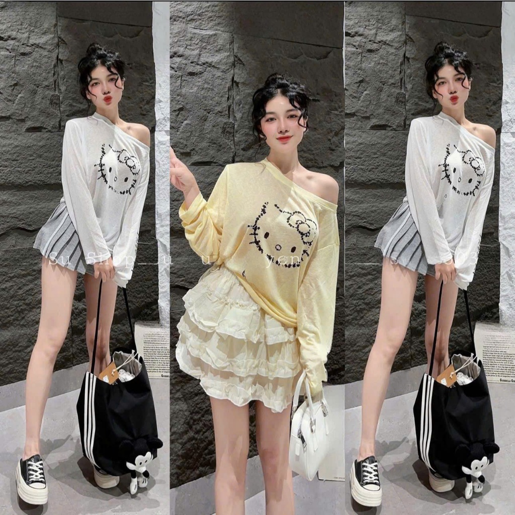 Áo kiểu cổ rộng in hình mèo chữ trước và in chữ bên tay cực hot