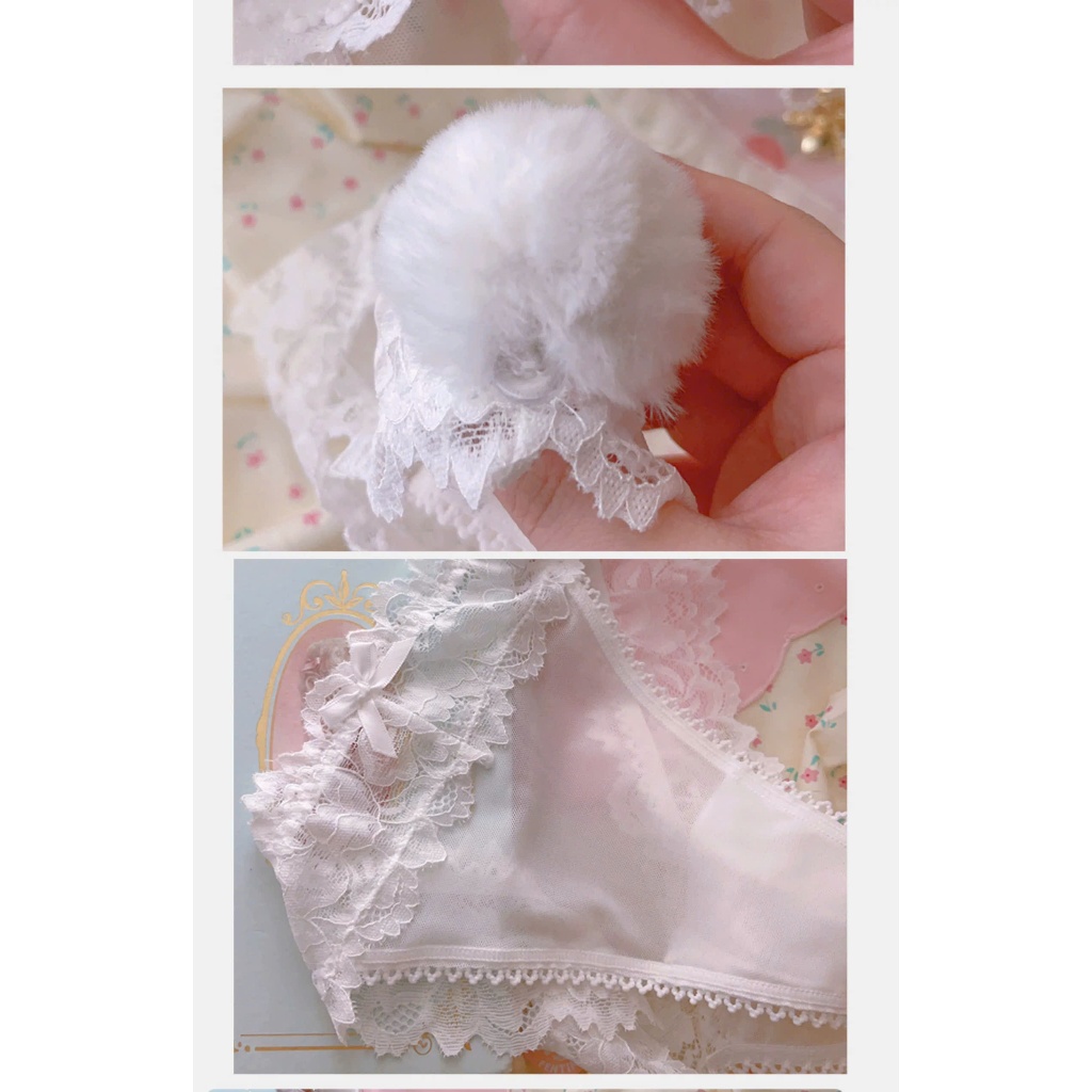 Quần Lót Ren Thỏ Trắng Dễ Thương Đuôi Thỏ Pompom Mềm Mại Đáng Yêu Hai Màu Đen Trắng