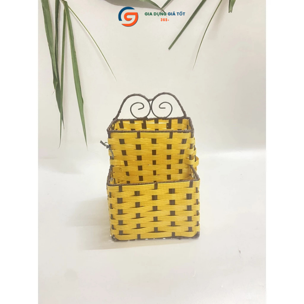 Ống đựng đũa nhựa giả mây tre đan 2 ngăn, hộp đựng muỗng đũa thìa để bàn quán ăn nhà hàng tiện dụng