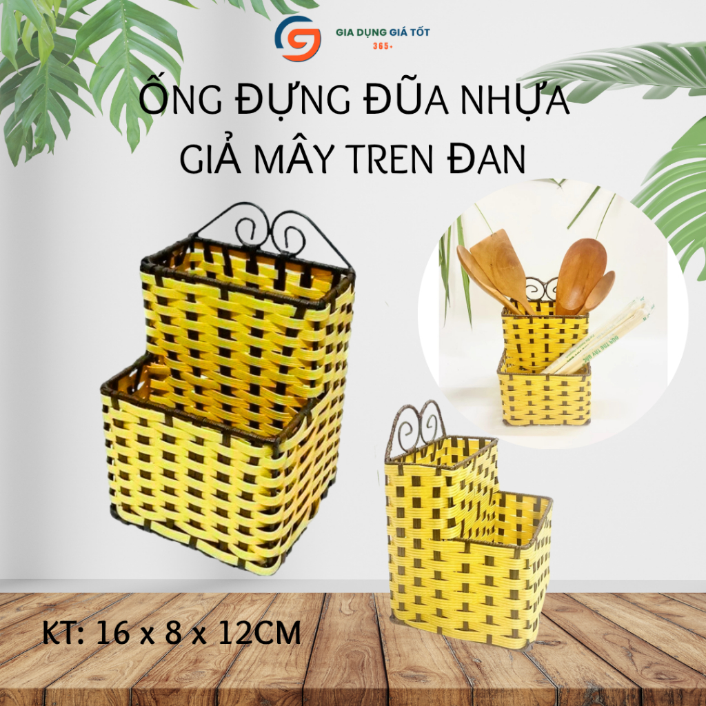 Ống đựng đũa nhựa giả mây tre đan 2 ngăn, hộp đựng muỗng đũa thìa để bàn quán ăn nhà hàng tiện dụng