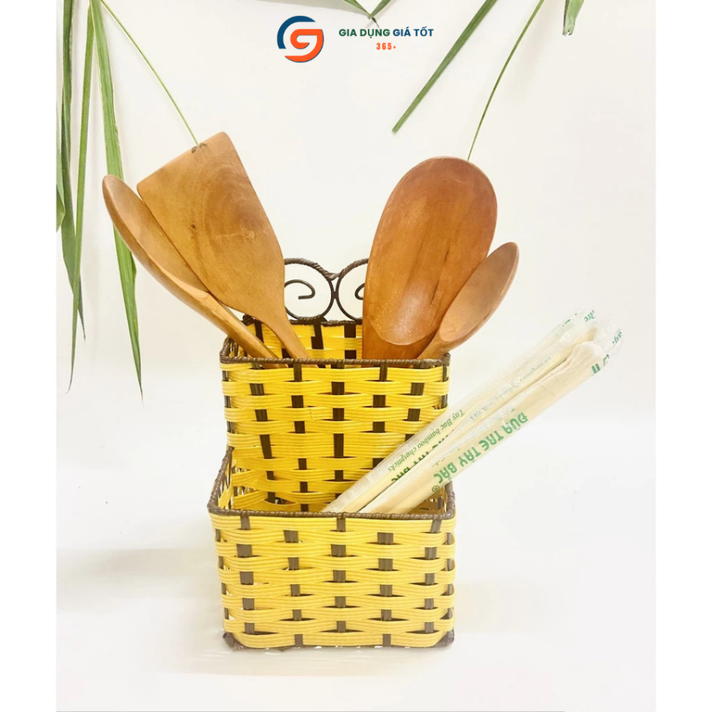 Ống đựng đũa nhựa giả mây tre đan 2 ngăn, hộp đựng muỗng đũa thìa để bàn quán ăn nhà hàng tiện dụng