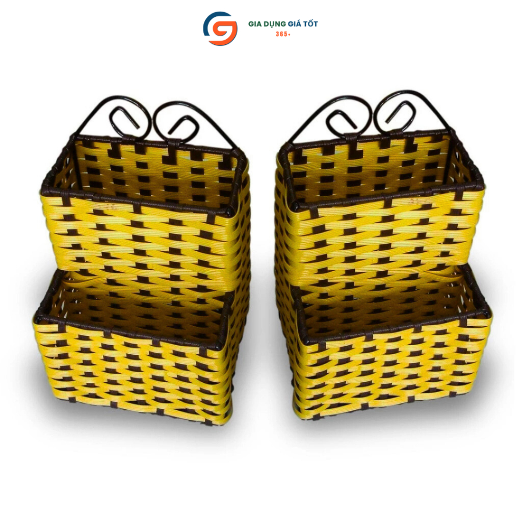 Ống đựng đũa nhựa giả mây tre đan 2 ngăn, hộp đựng muỗng đũa thìa để bàn quán ăn nhà hàng tiện dụng
