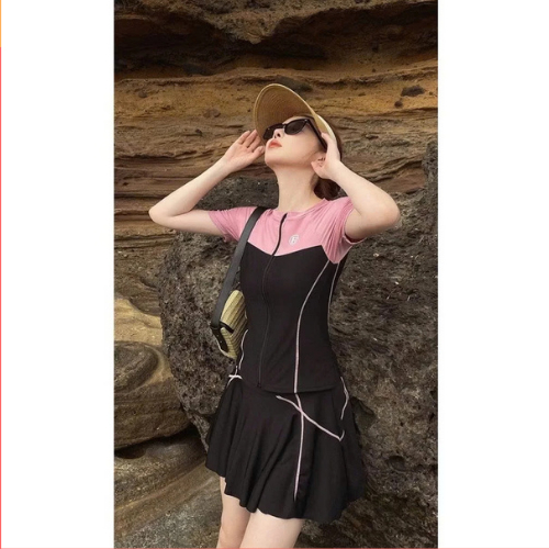 [ BKN 999 ] Size M-L-XL sét đồ bơi đi biển kín đáo, áo tay ngắn váy xòe phối viền tôn dáng HAN.T SHOP