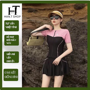 Size M-L-XL sét đồ bơi đi biển kín đáo, áo tay ngắn váy xòe phối viền tôn dáng HAN.T SHOP