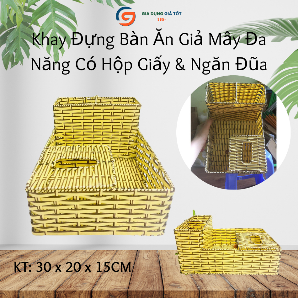 Ống đựng đũa thìa kèm hộp giấy nhựa giả mây tre đan đa năng để bàn cho gia đình, quán ăn