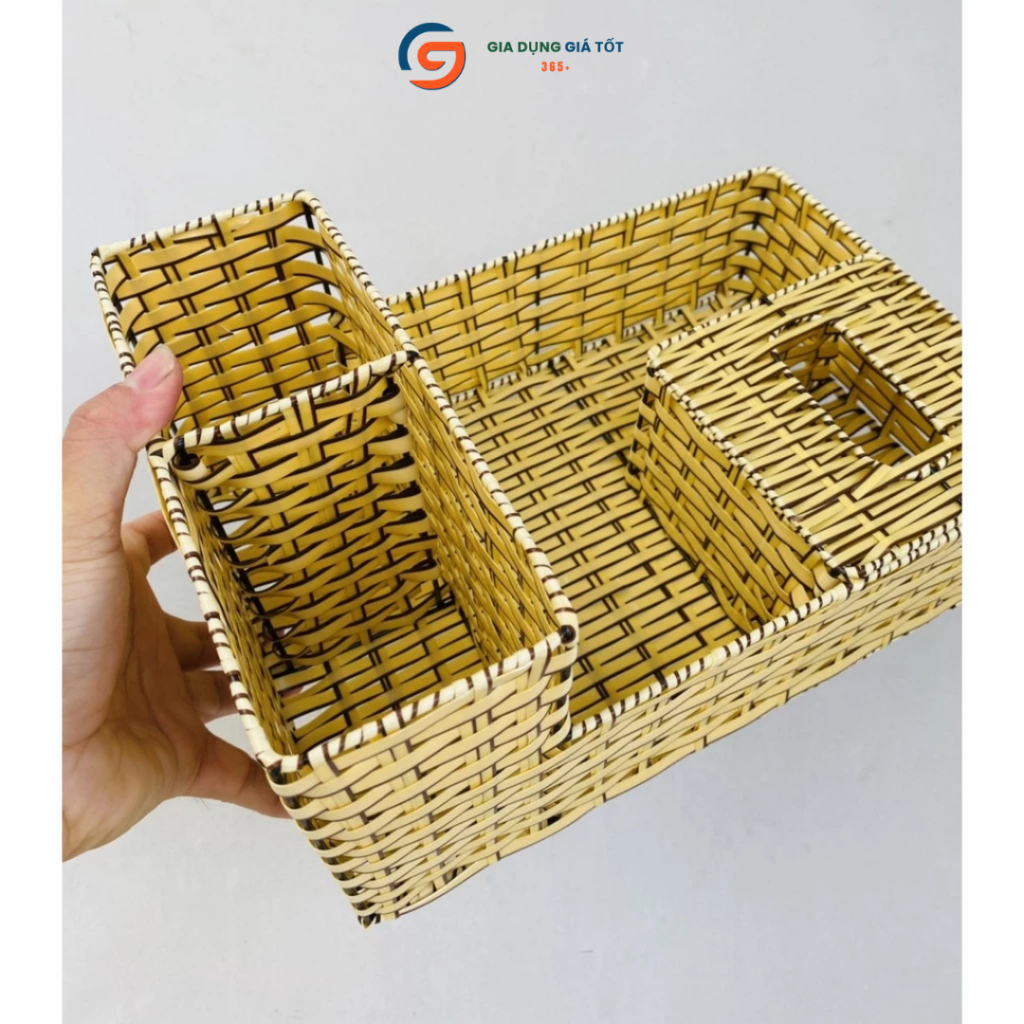 Ống đựng đũa thìa kèm hộp giấy nhựa giả mây tre đan đa năng để bàn cho gia đình, quán ăn