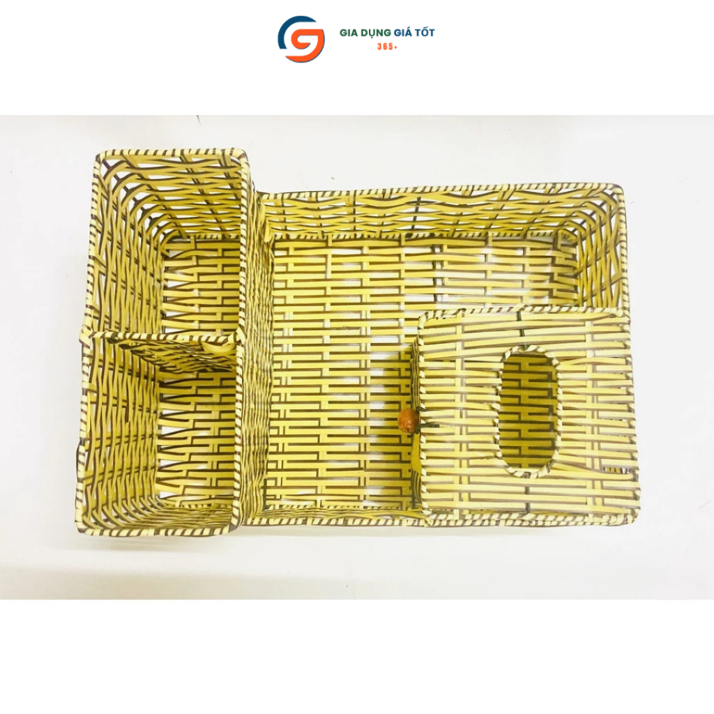 Ống đựng đũa thìa kèm hộp giấy nhựa giả mây tre đan đa năng để bàn cho gia đình, quán ăn