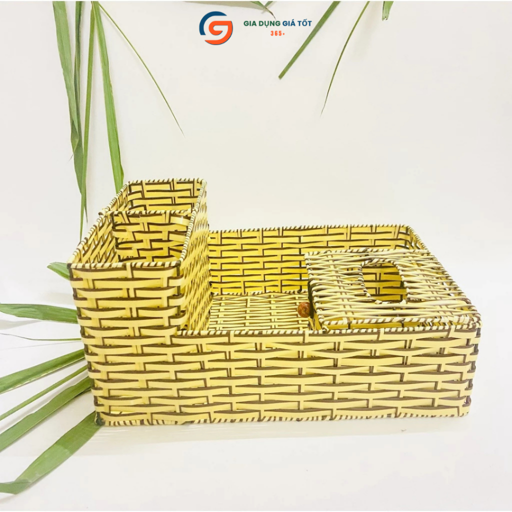 Ống đựng đũa thìa kèm hộp giấy nhựa giả mây tre đan đa năng để bàn cho gia đình, quán ăn