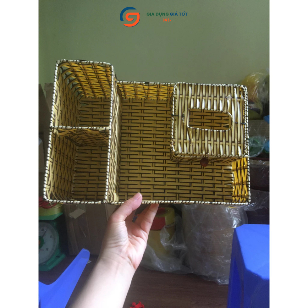Ống đựng đũa thìa kèm hộp giấy nhựa giả mây tre đan đa năng để bàn cho gia đình, quán ăn