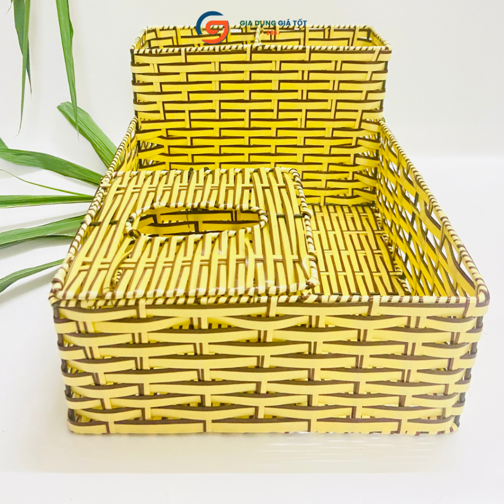 Ống đựng đũa thìa kèm hộp giấy nhựa giả mây tre đan đa năng để bàn cho gia đình, quán ăn