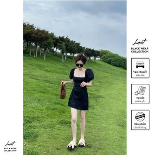 Váy Đen Nữ Cổ Vuông Tay Bồng Dáng Ngắn LUST Đầm Thiết Kế Thanh Lịch Sang Trong M7