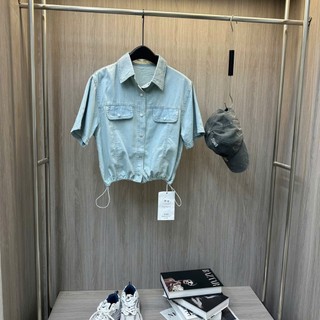 Áo Sơ Mi Ngắn Tay Bò Nữ Rút Eo Denim Basic QCCC Cao Cấp