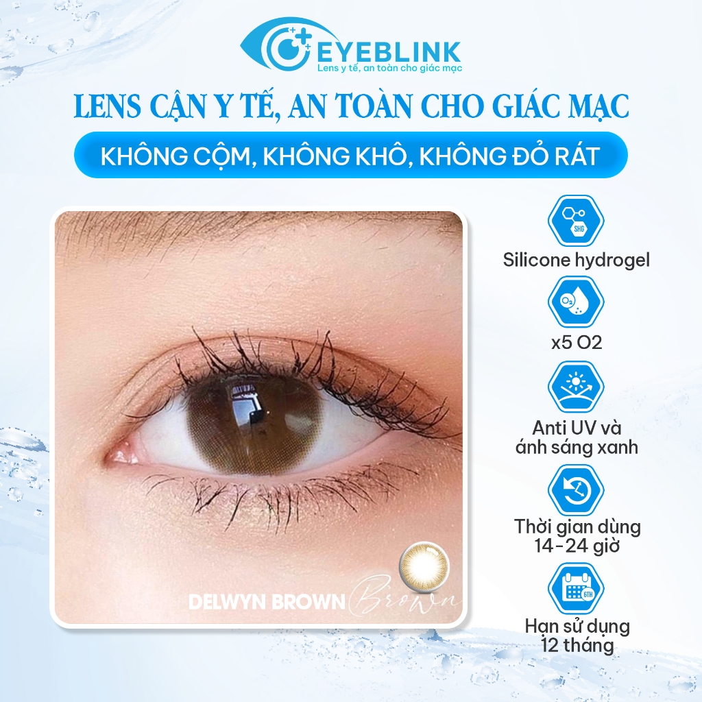 Kính Áp Tròng Màu Nâu Tự Nhiên Delwyn Brown Chất Liệu Silicone Hydrogel Thời Gian Đeo 14–24h Hạn Dùng 12 Tháng EyeBlink